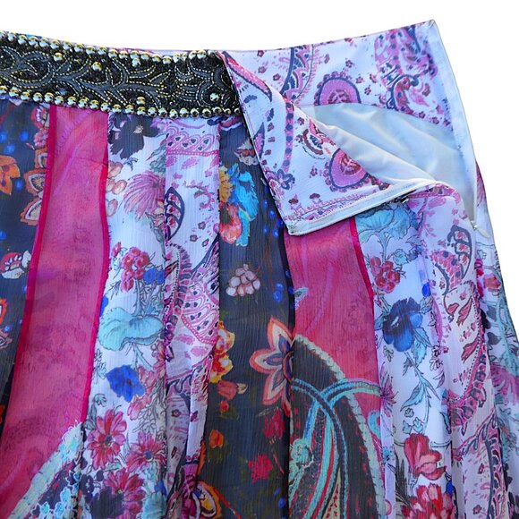 SiLK Haute Hippie Wide Leg Pants Heavy Beaded Waist Side Zip Patchwork Lined 8 - Picture 7 of 13